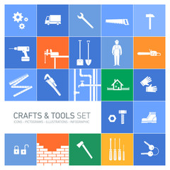Vector square crafts and tools icon set - obrazy, fototapety, plakaty