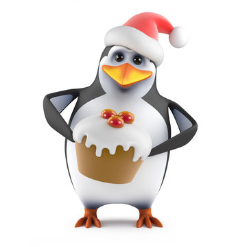 Penguin Santa Claus with a tasty Christmas Pudding