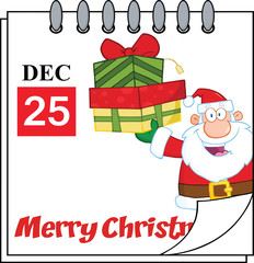 Calendar With Santa Claus Holding Up A Stack Of Gifts