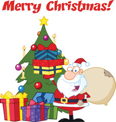 Merry Christmas Greeting With Santa Claus Holding Gifts