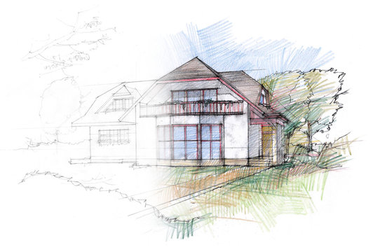 Outlined sketch of a house with a pitched roof