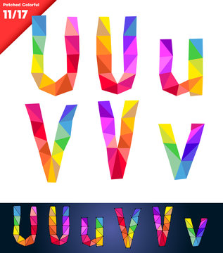Colorful font of patches. Vector illustration. Letters U V