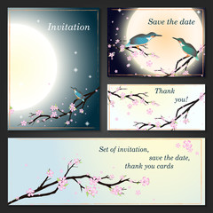Invitation, save the date cards with stylized cherry blossom.