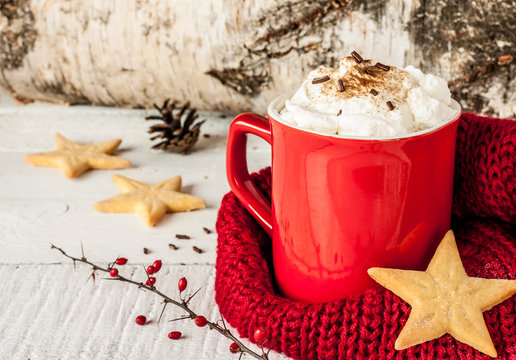 Winter Whipped Cream Hot Coffee In A Red Mug With Cookies