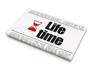 Time news concept: newspaper with Life Time and Hourglass