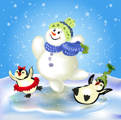 Obraz premium Ice-skating snowman and cute penguins