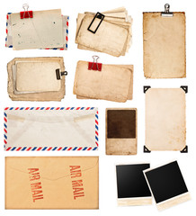 vintage papers, postcards and photo frames isolated on white