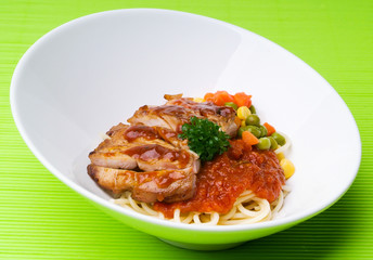 noodles and chicken on background