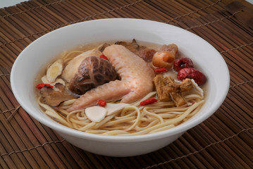 chicken noodle soup on the background