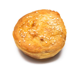 meat pie with chicken stock on the background