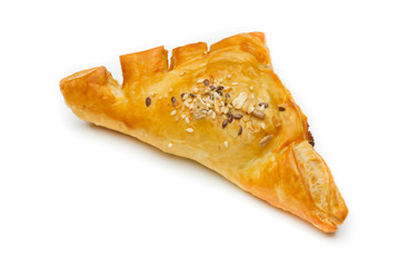 meat pie with chicken stock on the background