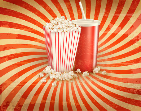 Retro background with Popcorn and a drink. Vector illustration