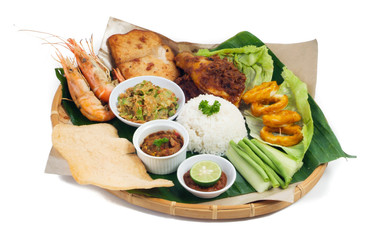 Indonesian traditional food, chicken, fish, vegetables