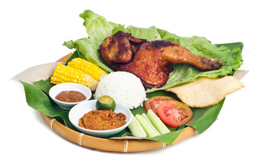 Indonesian traditional food, chicken, fish, vegetables