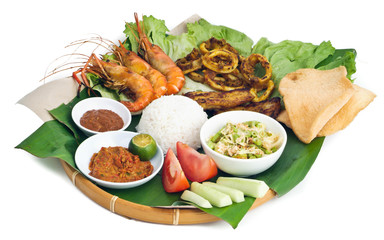 Indonesian traditional food, chicken, fish, vegetables