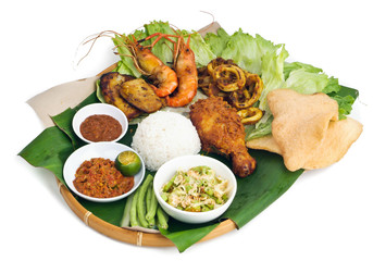 Indonesian traditional food, chicken, fish, vegetables