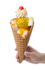 scoop ice creams with cone on background and topping
