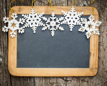 Snowflakes Border On Wood Blackboard Blank