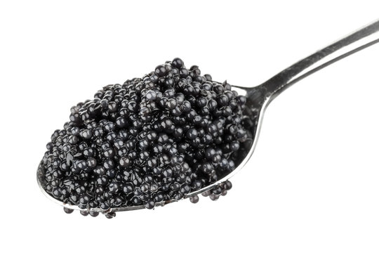 Black caviar in metal teaspoon. Macro photo isolated on white