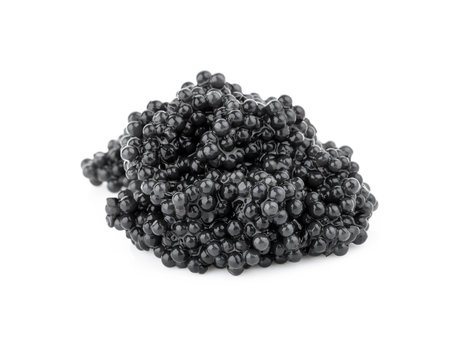 Little batch of black caviar. Macro photo isolated on white