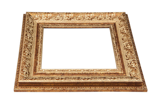 Vintage golden frame with blank space. View  from side. Isolated