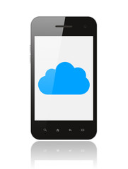 Smart phone with cloud computing concept on white background .