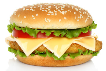 Big chicken hamburger on white background .