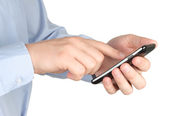 Businessman touching smart phone on white background .