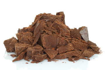 Broken chocolate bar isolated on white background .