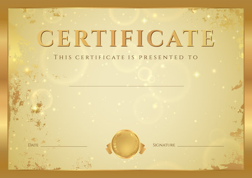 Certificate / Diploma template. Gold grunge pattern, award frame
