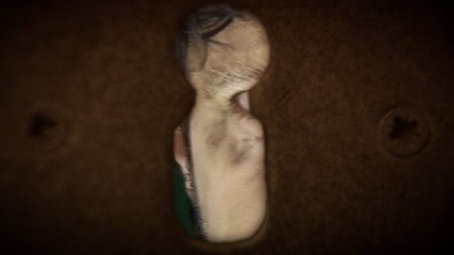 Old man angry and mad comes close keyhole