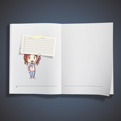 Girl holding a note paper printed on book.