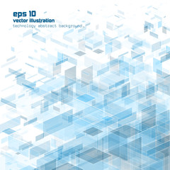 Fototapeta premium An abstract vector background featuring a futuristic perspective of overlapping blue geometric cubes and rectangles, suggesting a digital technology network.