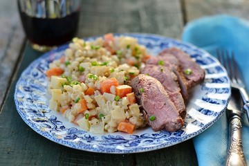 duck breast with barley and vegetables