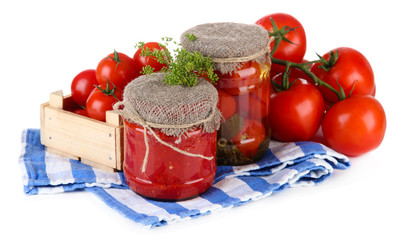 Tasty canned and fresh tomatoes, isolated on white