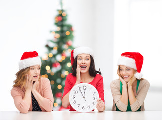 women in santa helper hats with clock showing 12