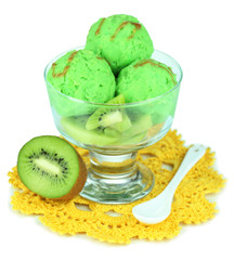 Delicious ice cream on glass vase isolated on white