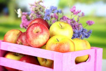 Juicy apples in box on natural background