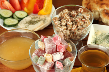 Traditional Turkish breakfast on table close up