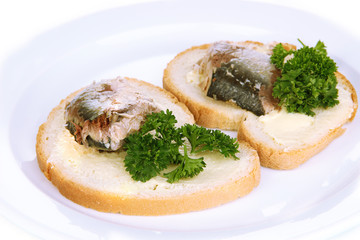 Tasty sandwiches with scomber, close-up