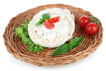Tasty crispbreads with vegetables, isolated on white