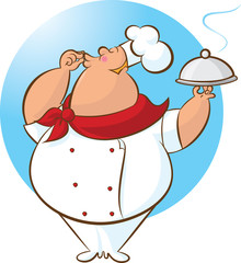 Chef holding serving plate and doing excellent sign