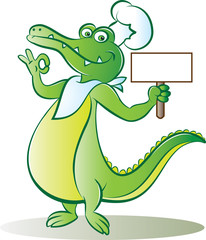 Cook crocodile holding blank signboard
