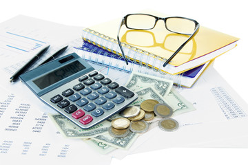 Office supplies with money and documents close up