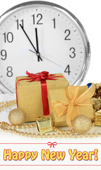Composition of clock and Christmas decorations isolated on