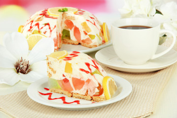 Delicious jelly cake on table close-up