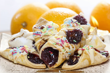Christmas cookies filled with marmalade, decorated with colorful