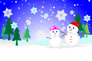 Snowman standing in the Christmas card. Cartoon