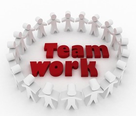 People stand around a word teamwork.