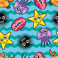 Fototapeta premium Cartoon seamless pattern with marine life